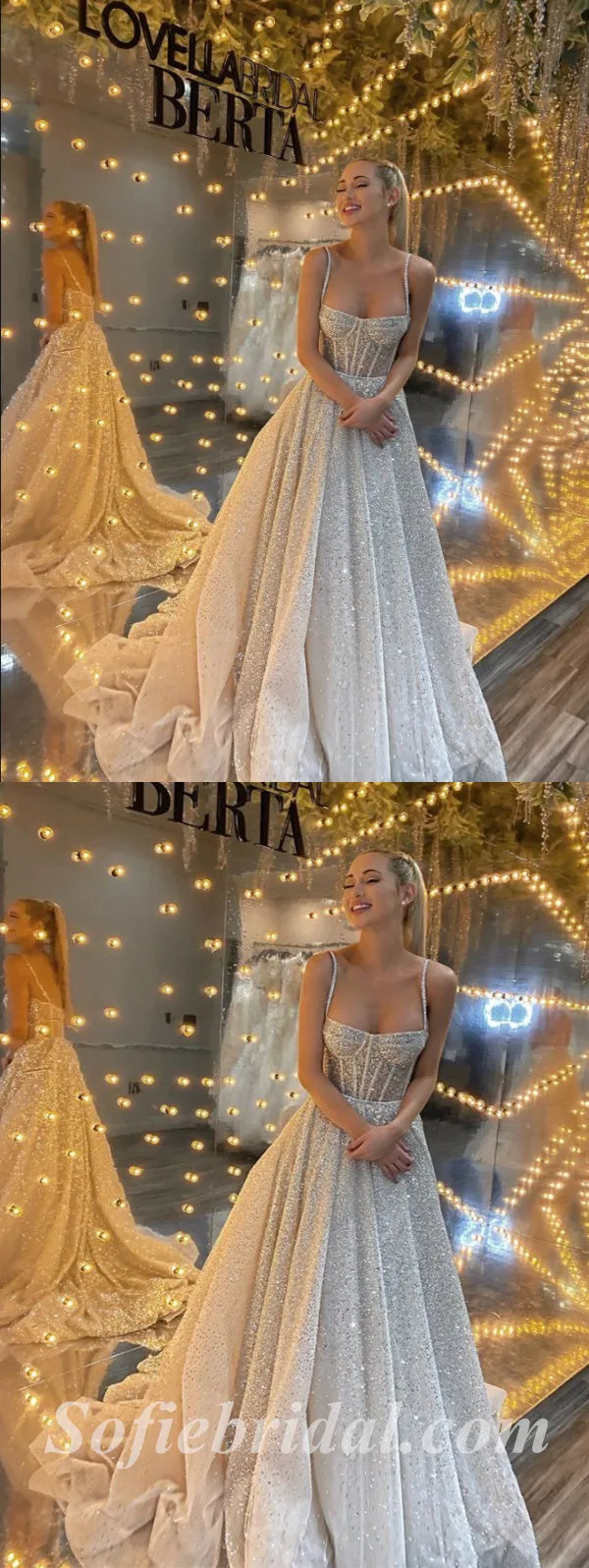 Shiny Elegant Spaghetti Straps Sleeveless A-Line Long Wedding Dresses,SFWD0072