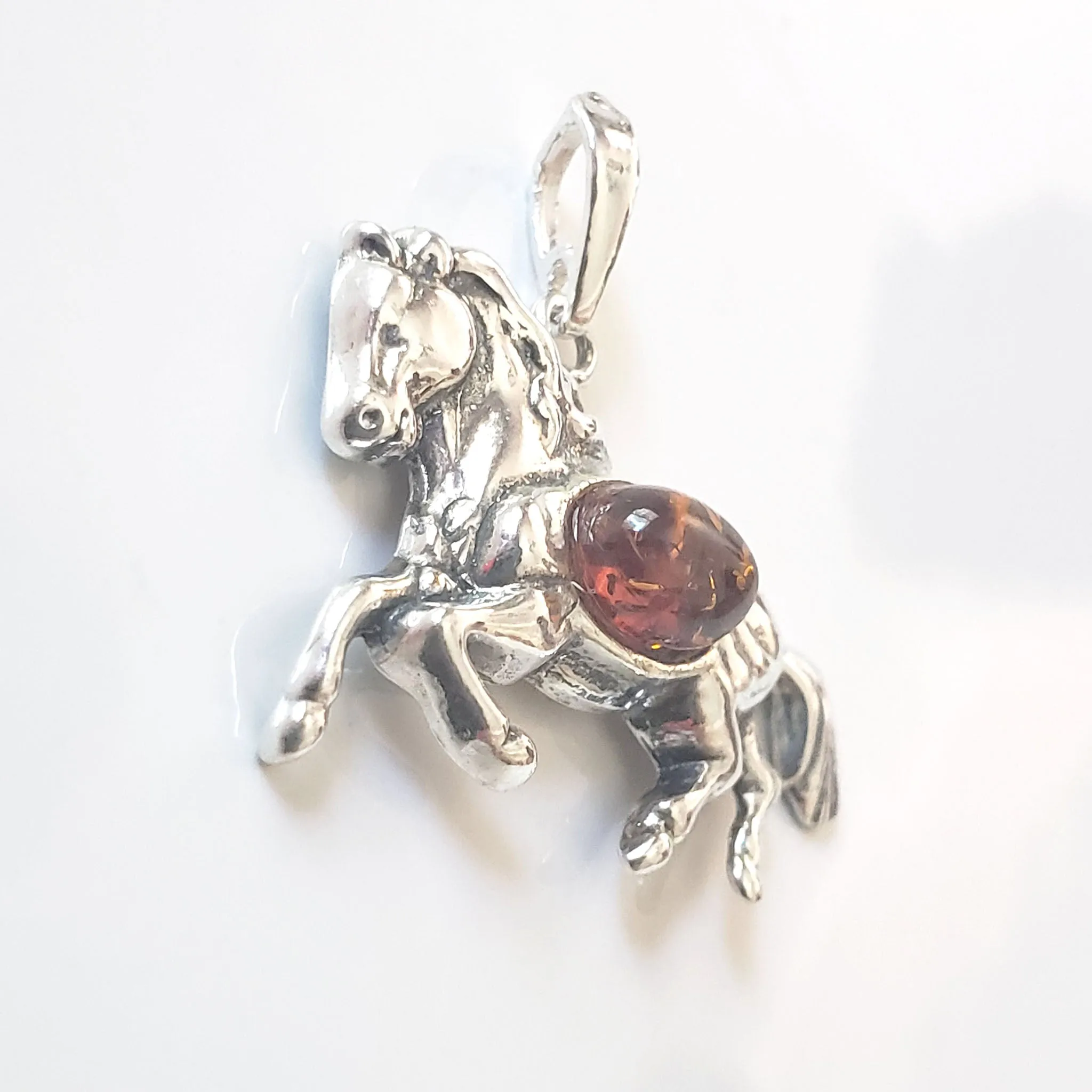 Silver Amber Running Horse Pendant