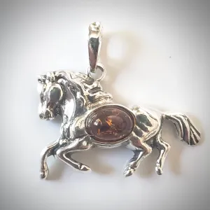Silver Amber Running Horse Pendant