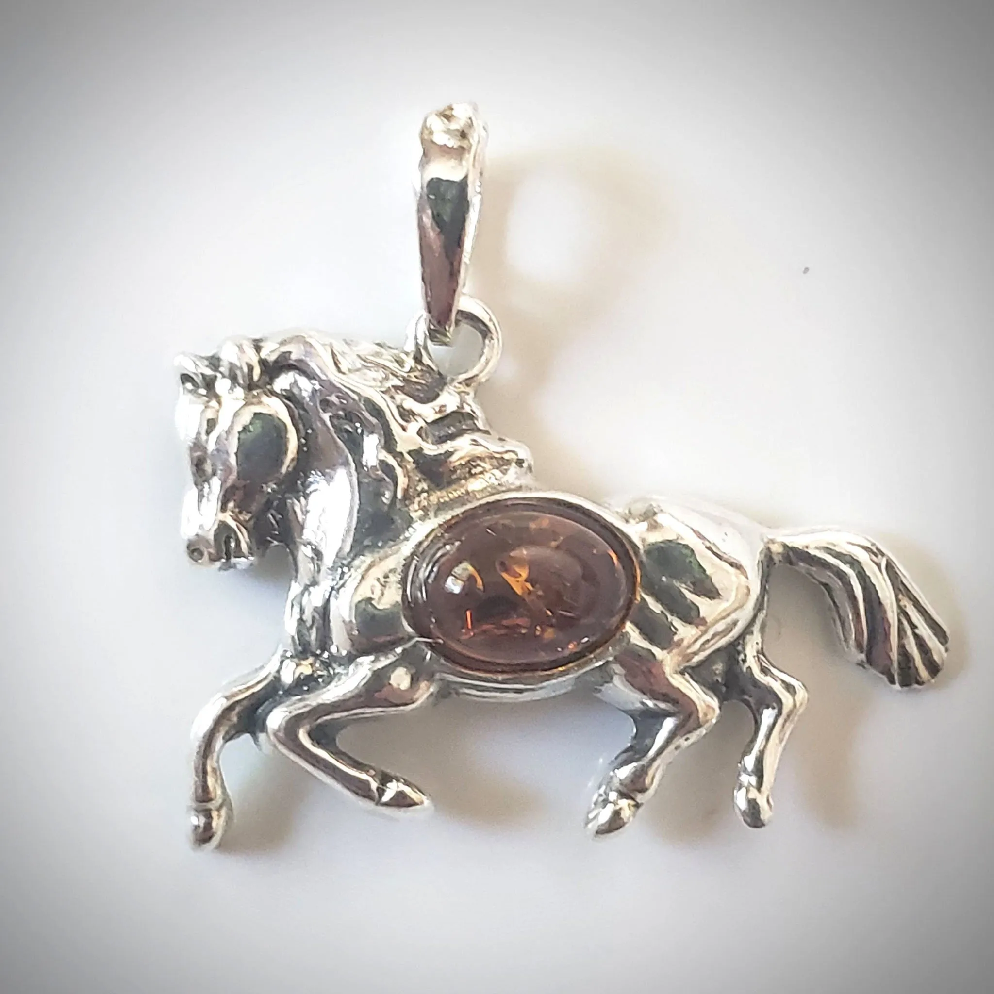 Silver Amber Running Horse Pendant
