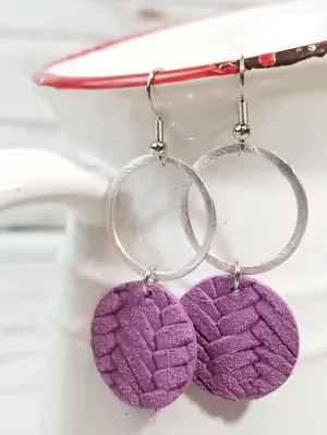 Silver Metal/Lavender Circle Leather Earrings