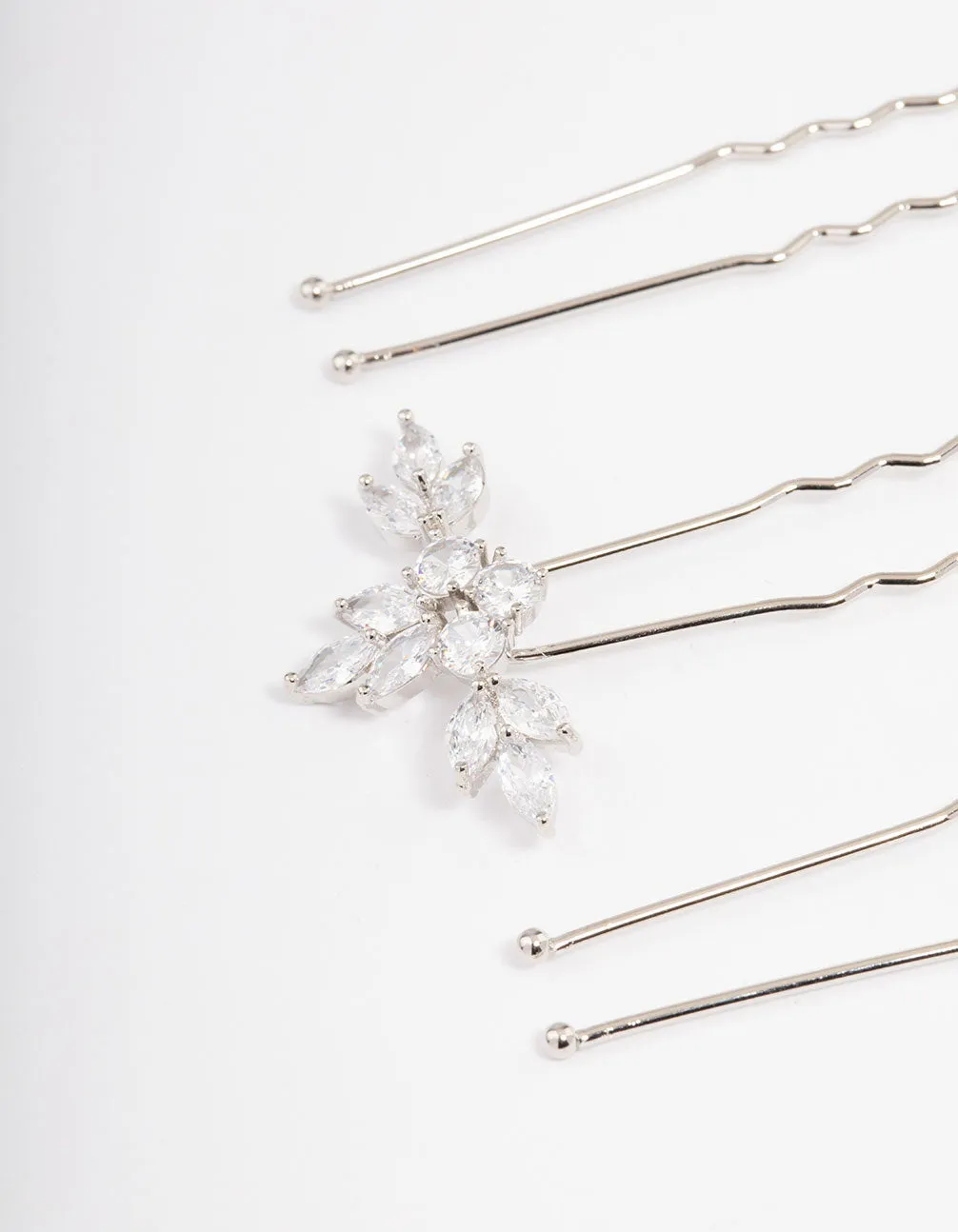 Silver Plated Cubic Zirconia Marquise Leaf Hair Pins Pack