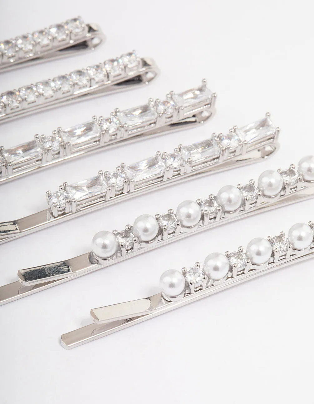 Silver Plated Cubic Zirconia Mixed Stone & Pearl Hair Clips 6-Pack
