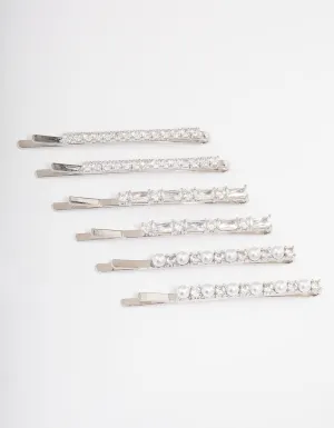 Silver Plated Cubic Zirconia Mixed Stone & Pearl Hair Clips 6-Pack