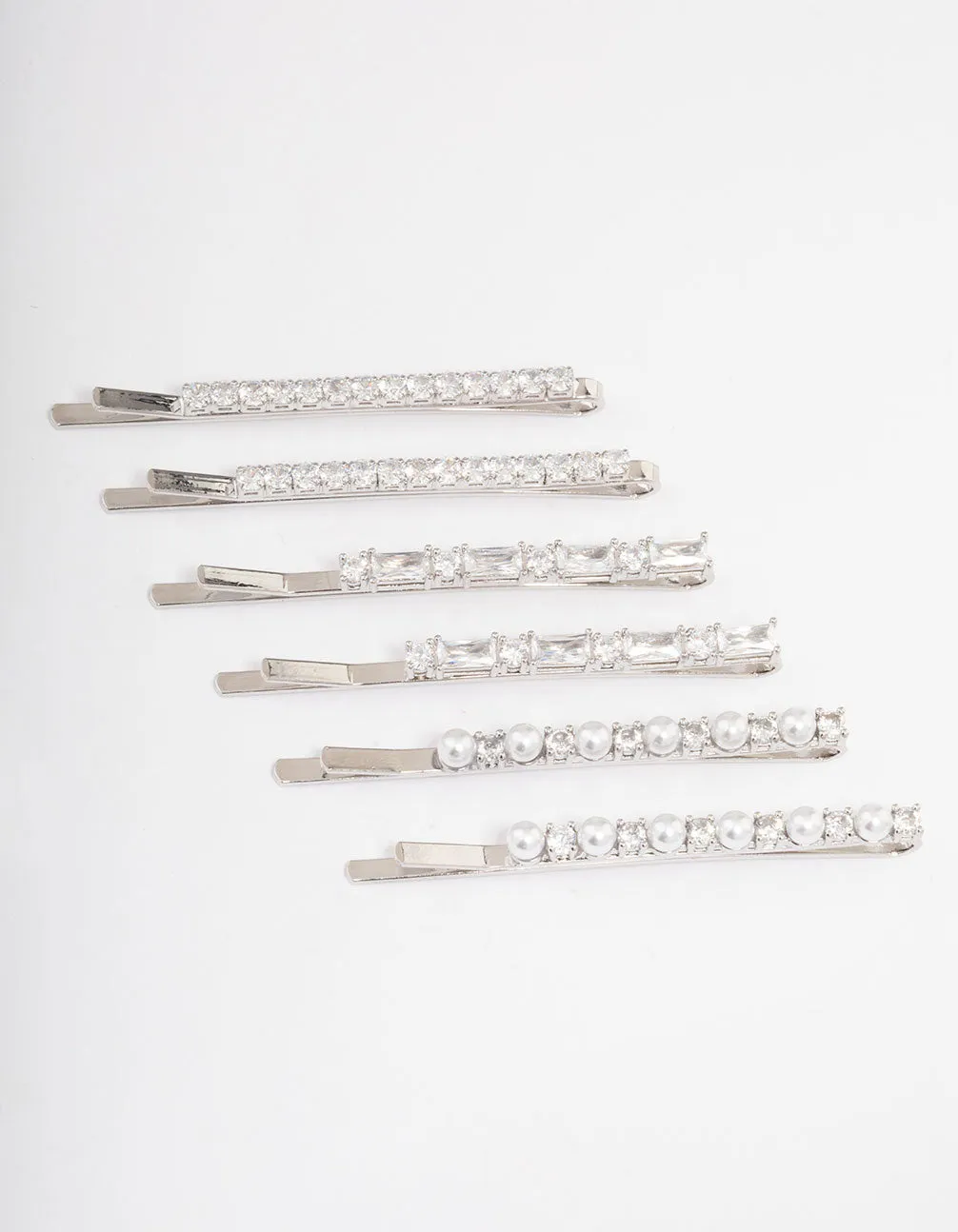 Silver Plated Cubic Zirconia Mixed Stone & Pearl Hair Clips 6-Pack