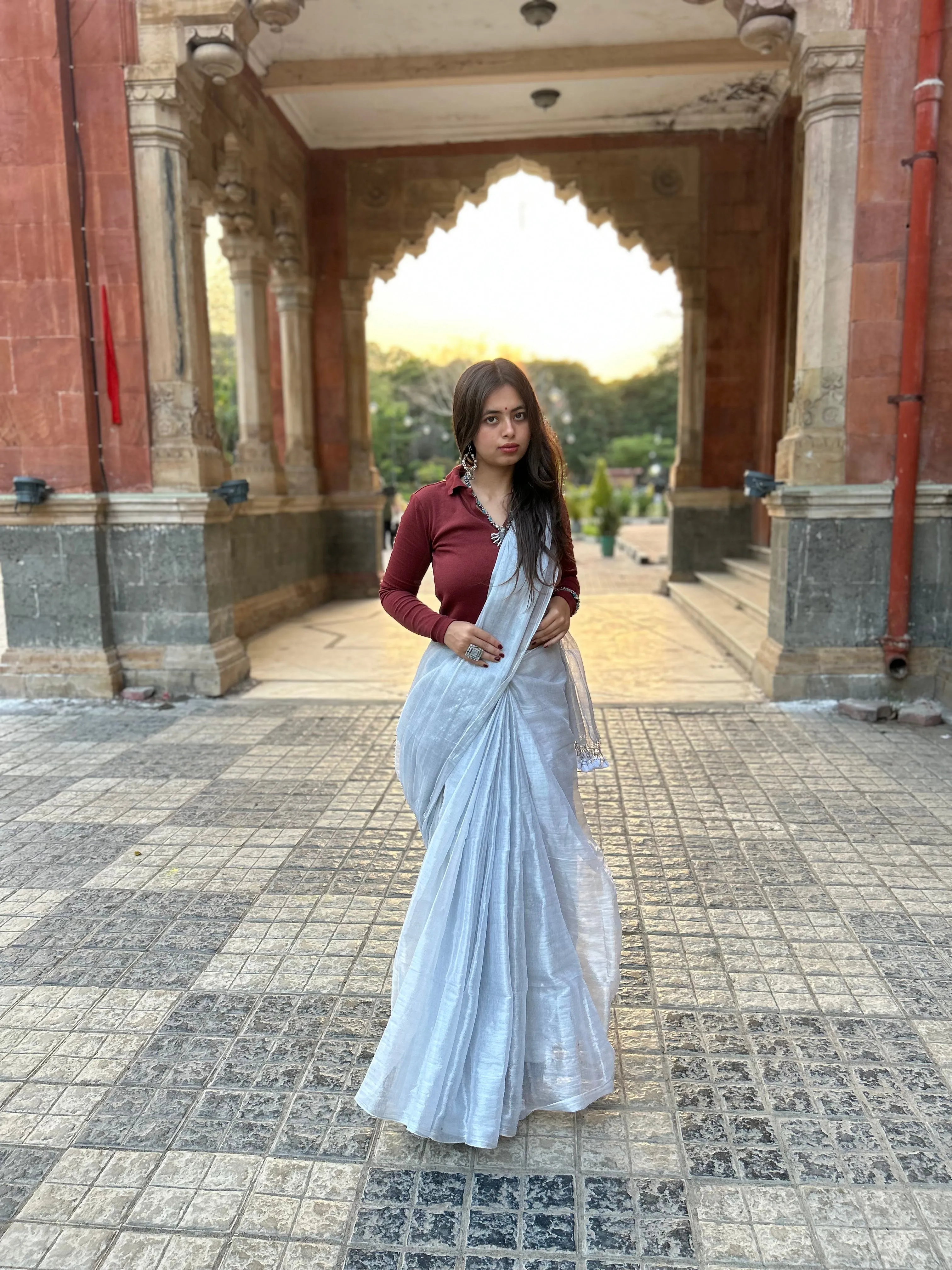 Silver Tissue Silk Saree With Blouse