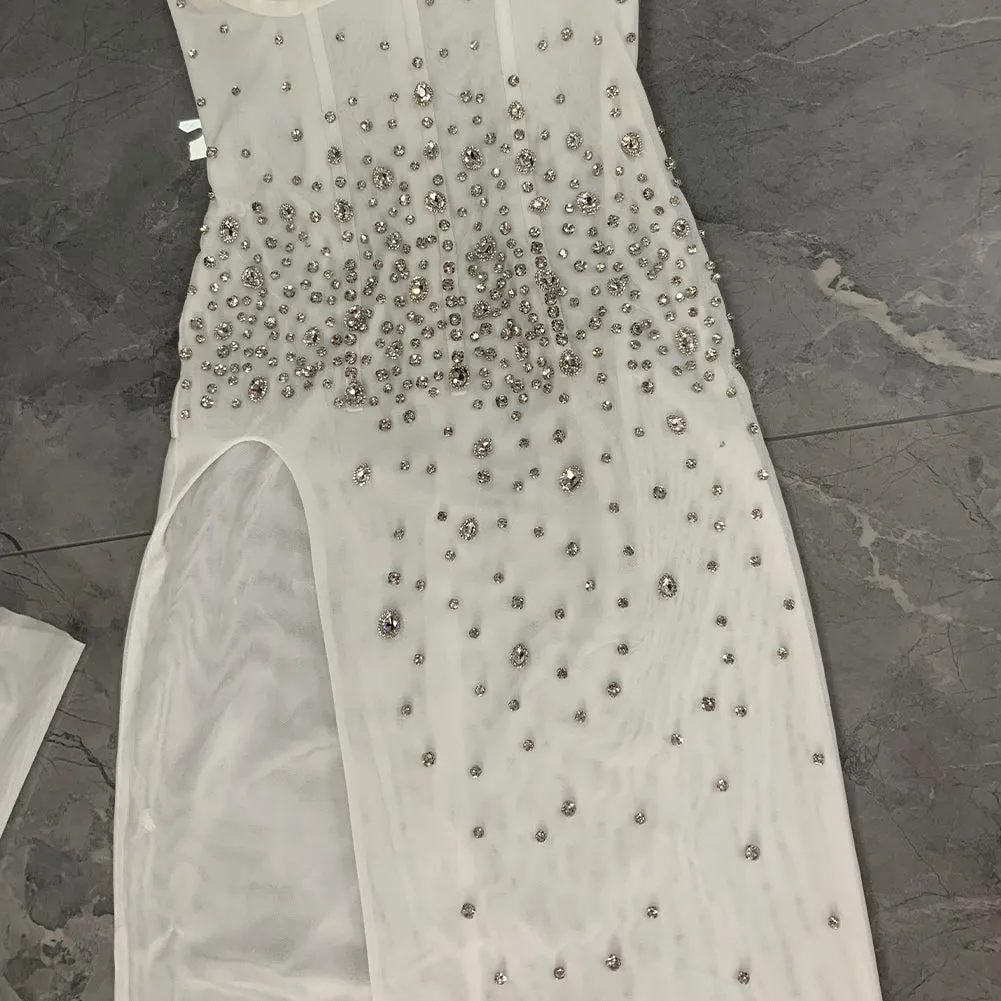 Strappy Sleeveless Rhinestone Maxi Bodycon Dress HT1077