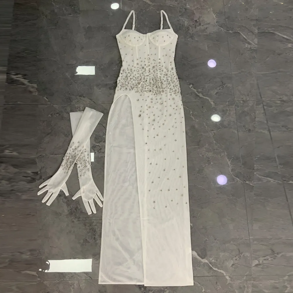 Strappy Sleeveless Rhinestone Maxi Bodycon Dress HT1077