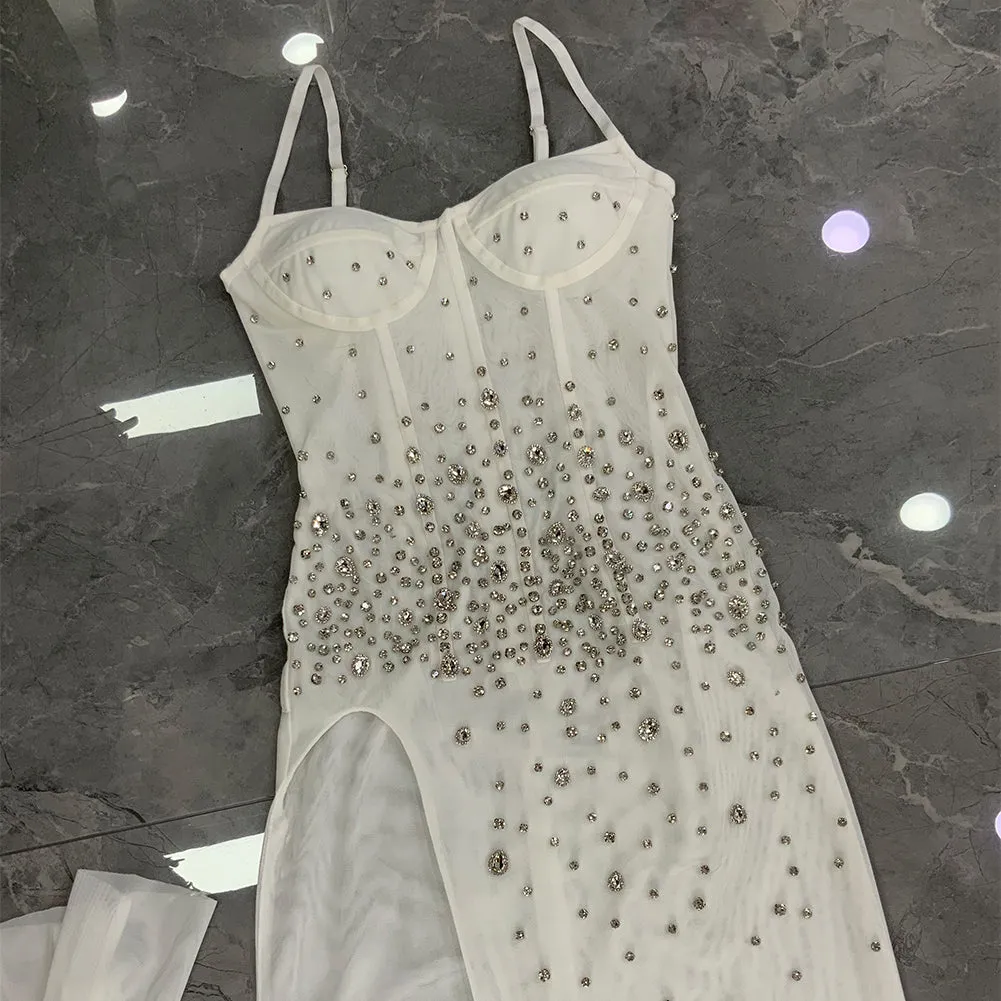 Strappy Sleeveless Rhinestone Maxi Bodycon Dress HT1077