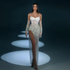 Strappy Sleeveless Rhinestone Maxi Bodycon Dress HT1077