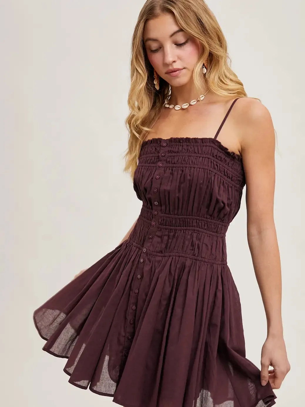 Suz Smocked Button Down Sleeveless Mini Slip Dress
