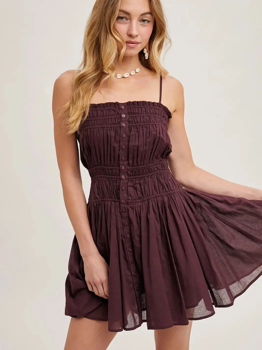 Suz Smocked Button Down Sleeveless Mini Slip Dress