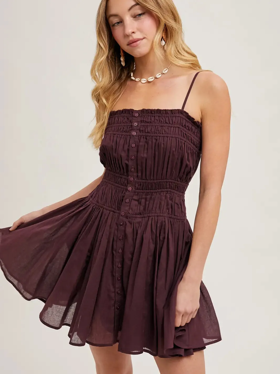 Suz Smocked Button Down Sleeveless Mini Slip Dress