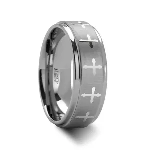 TATE Raised Center With Engraved Crosses Men's Tungsten Wedding Band – 8mm