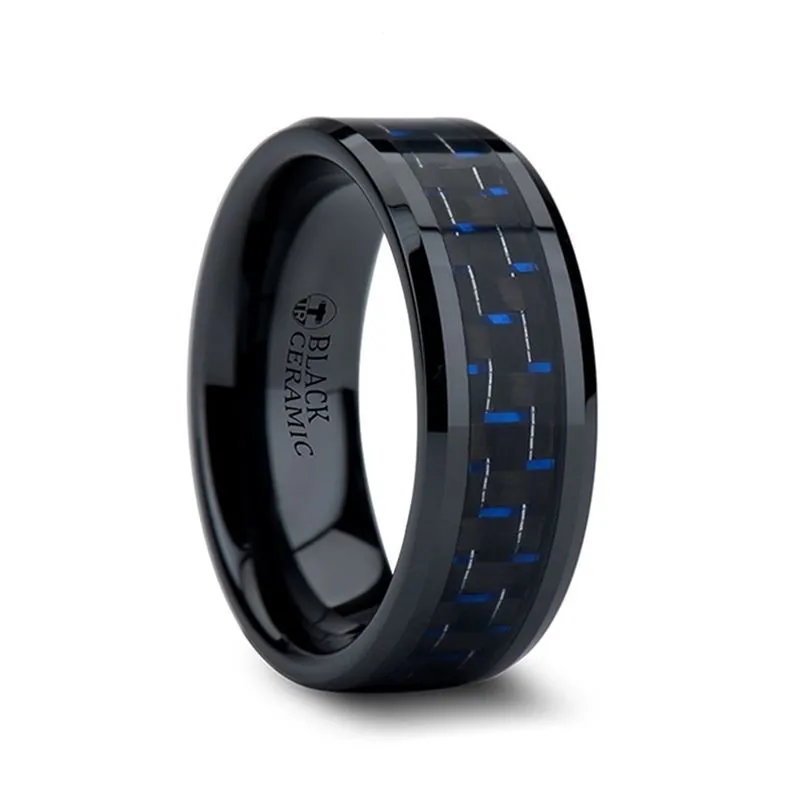Thorsten AVITUS Black Beveled Ceramic Ring w/ Blue & Black Carbon Fiber Inlay 4-10mm