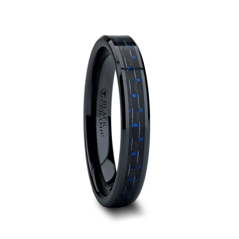 Thorsten AVITUS Black Beveled Ceramic Ring w/ Blue & Black Carbon Fiber Inlay 4-10mm