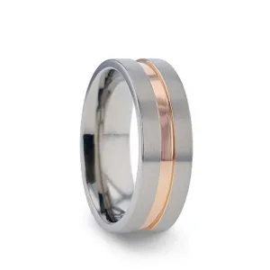Thorsten MARS Titanium Flat Brushed Finished Men's Wedding Ring With Rose Gold Plated Groove Center - 8mm