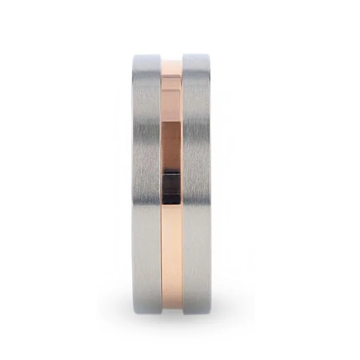 Thorsten MARS Titanium Flat Brushed Finished Men's Wedding Ring With Rose Gold Plated Groove Center - 8mm