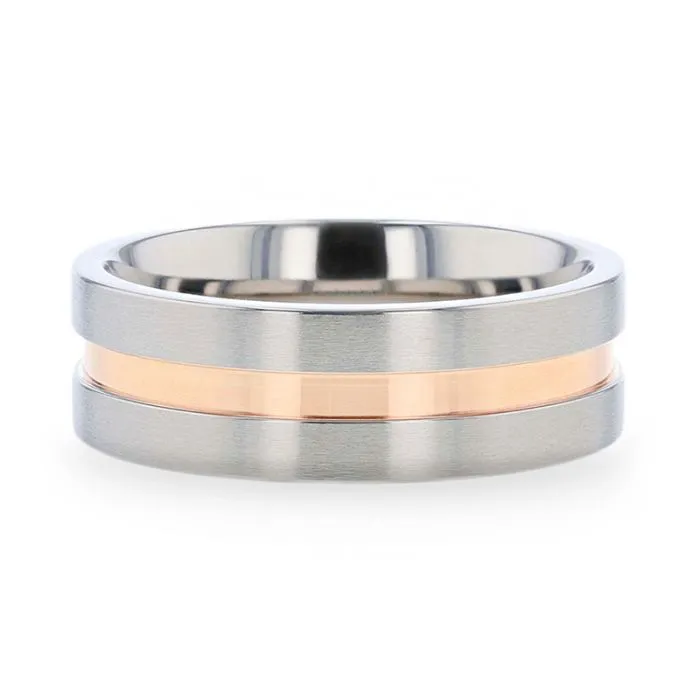 Thorsten MARS Titanium Flat Brushed Finished Men's Wedding Ring With Rose Gold Plated Groove Center - 8mm