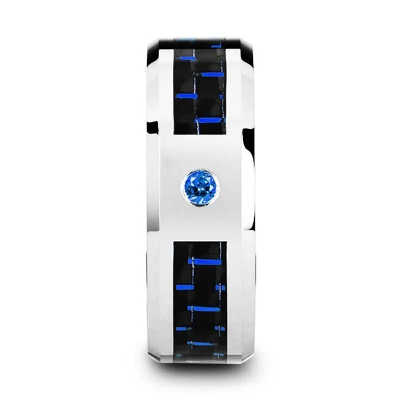 Thorsten NEPTUNE Tungsten Carbide Ring Black Blue Carbon Fiber Blue Sapphire Setting with Bevels - 8mm