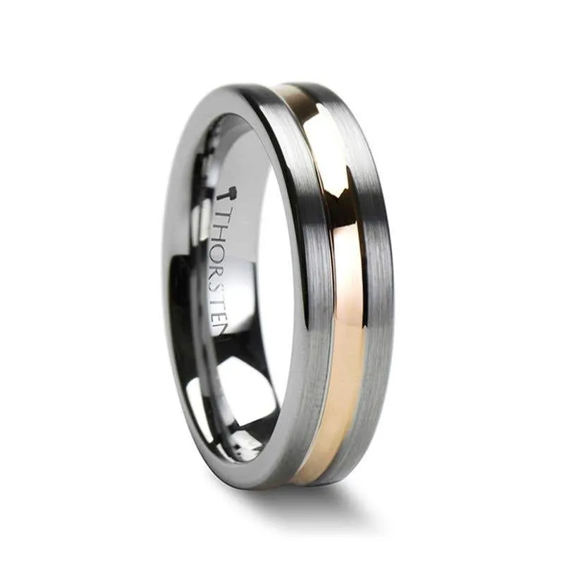 Thorsten ZEUS Flat Brushed Finish Tungsten Carbide Ring with Rose Gold Plated Groove - 4mm - 10mm