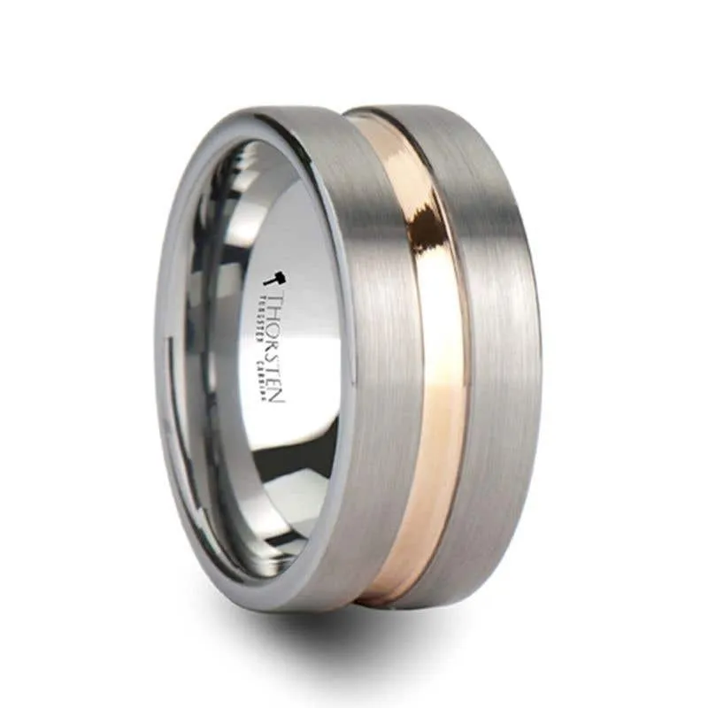 Thorsten ZEUS Flat Brushed Finish Tungsten Carbide Ring with Rose Gold Plated Groove - 4mm - 10mm
