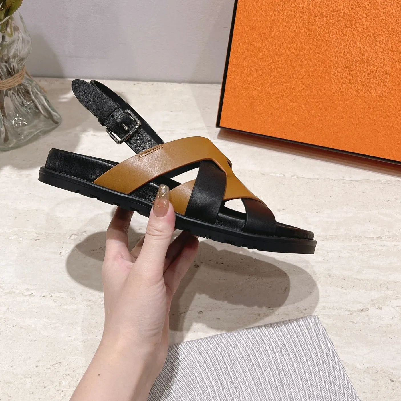 two-tone leather sandals