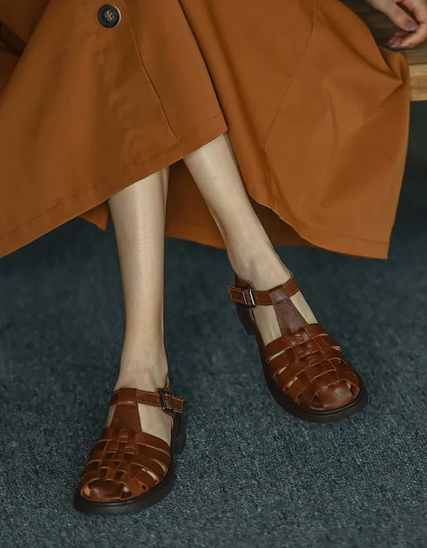 Vintage Leather Woven T-strap Fisherman Sandals Slingback