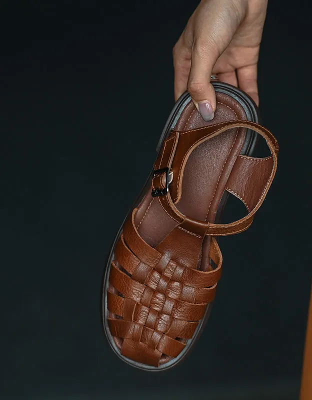 Vintage Leather Woven T-strap Fisherman Sandals Slingback