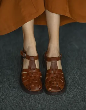 Vintage Leather Woven T-strap Fisherman Sandals Slingback