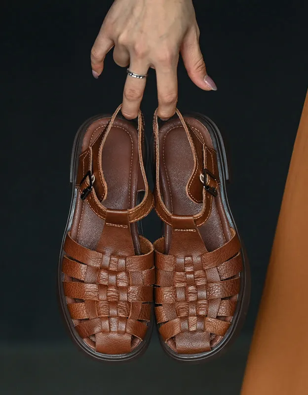 Vintage Leather Woven T-strap Fisherman Sandals Slingback