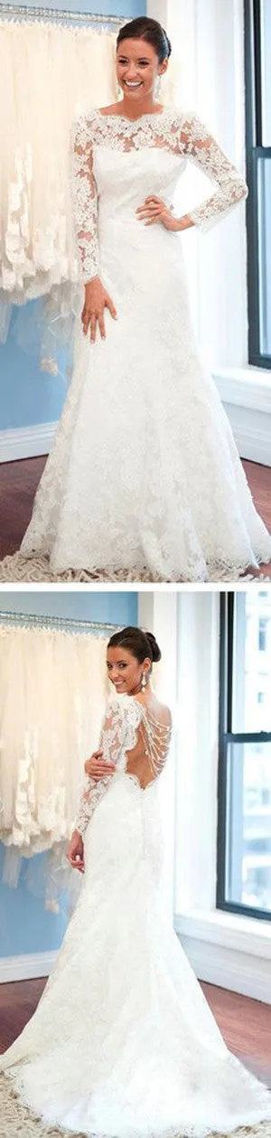 White Lace Backless Round Neck Long Sleeve Mermaid Wedding Party Dresses,SVD529