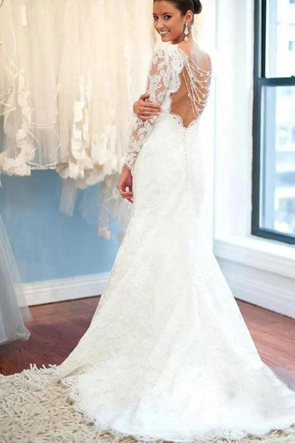 White Lace Backless Round Neck Long Sleeve Mermaid Wedding Party Dresses,SVD529