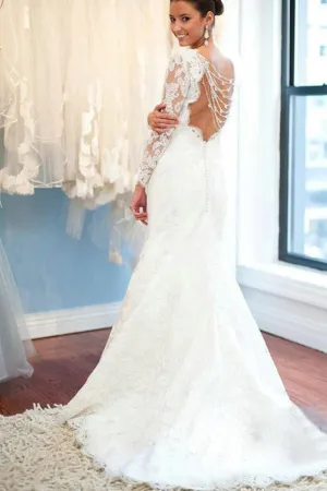 White Lace Backless Round Neck Long Sleeve Mermaid Wedding Party Dresses,SVD529