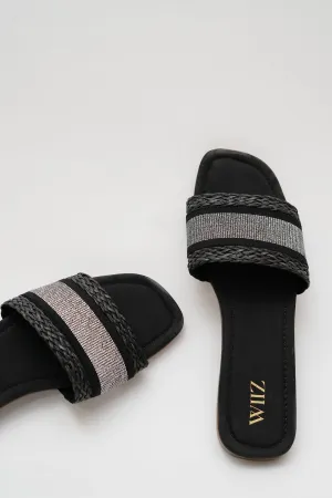 WIIZ WOMEN'S BLACK WOVEN STRAP GLITTER SLIDES