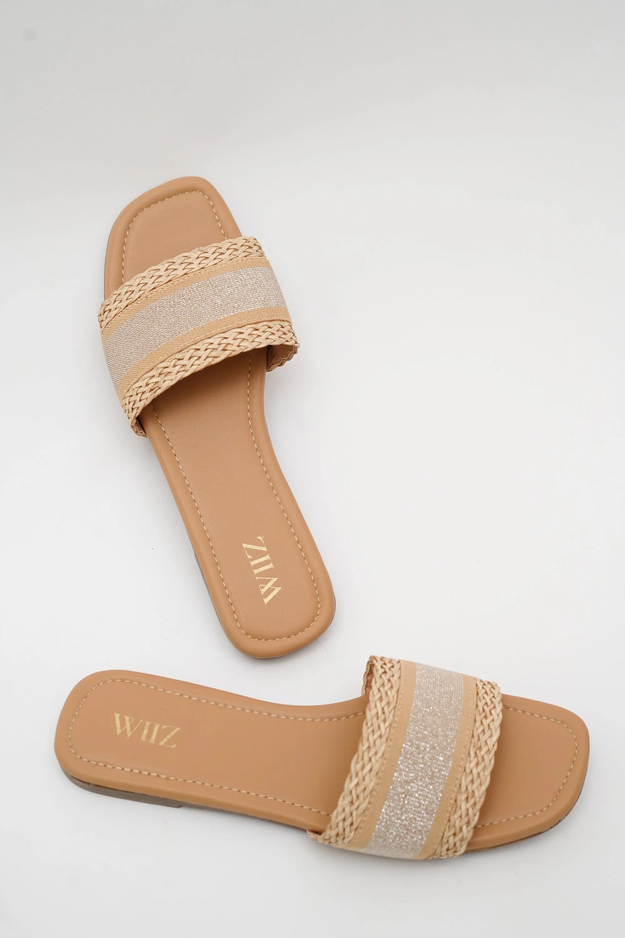 WIIZ WOMEN'S NATURAL WOVEN STRAP GLITTER SLIDES