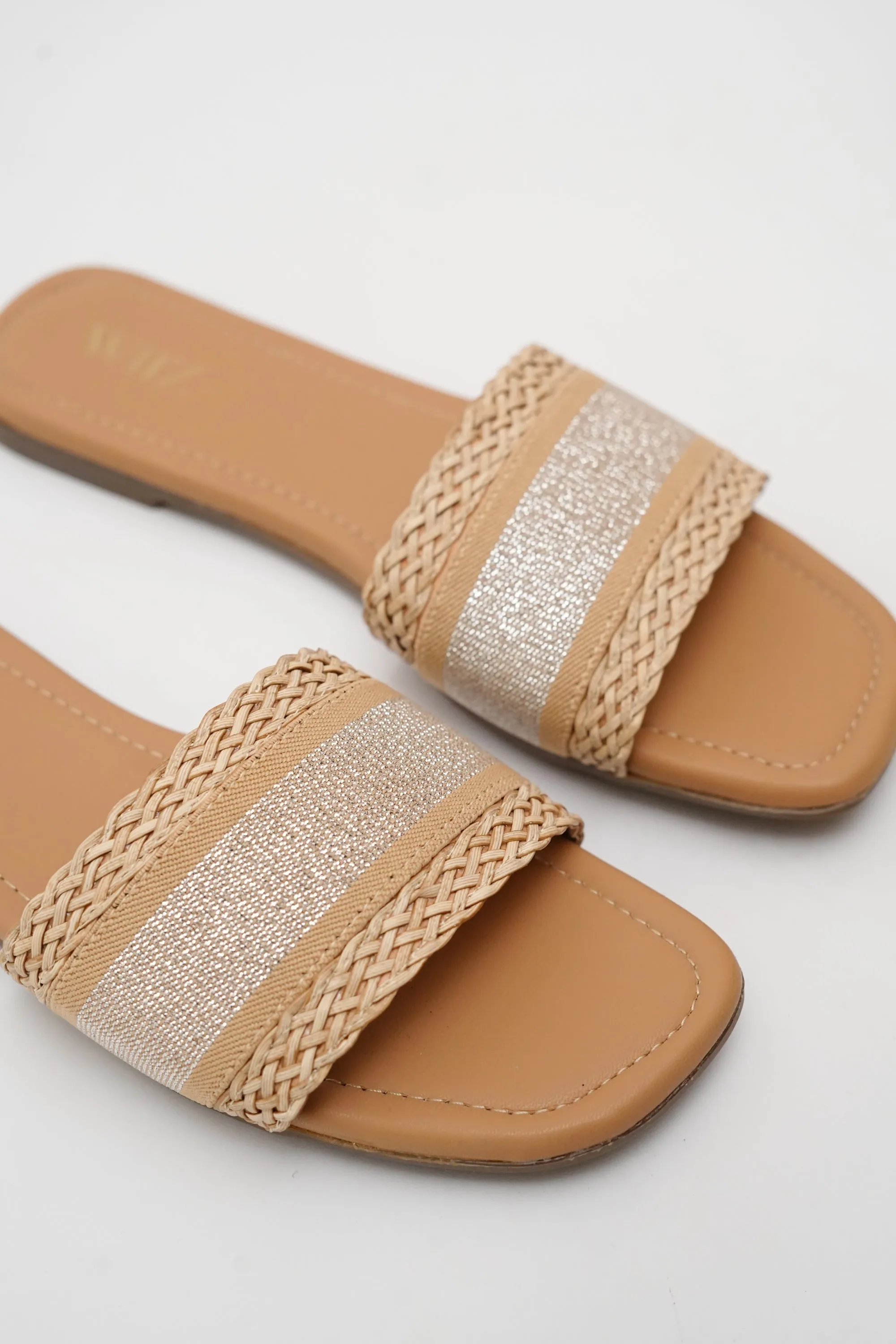 WIIZ WOMEN'S NATURAL WOVEN STRAP GLITTER SLIDES