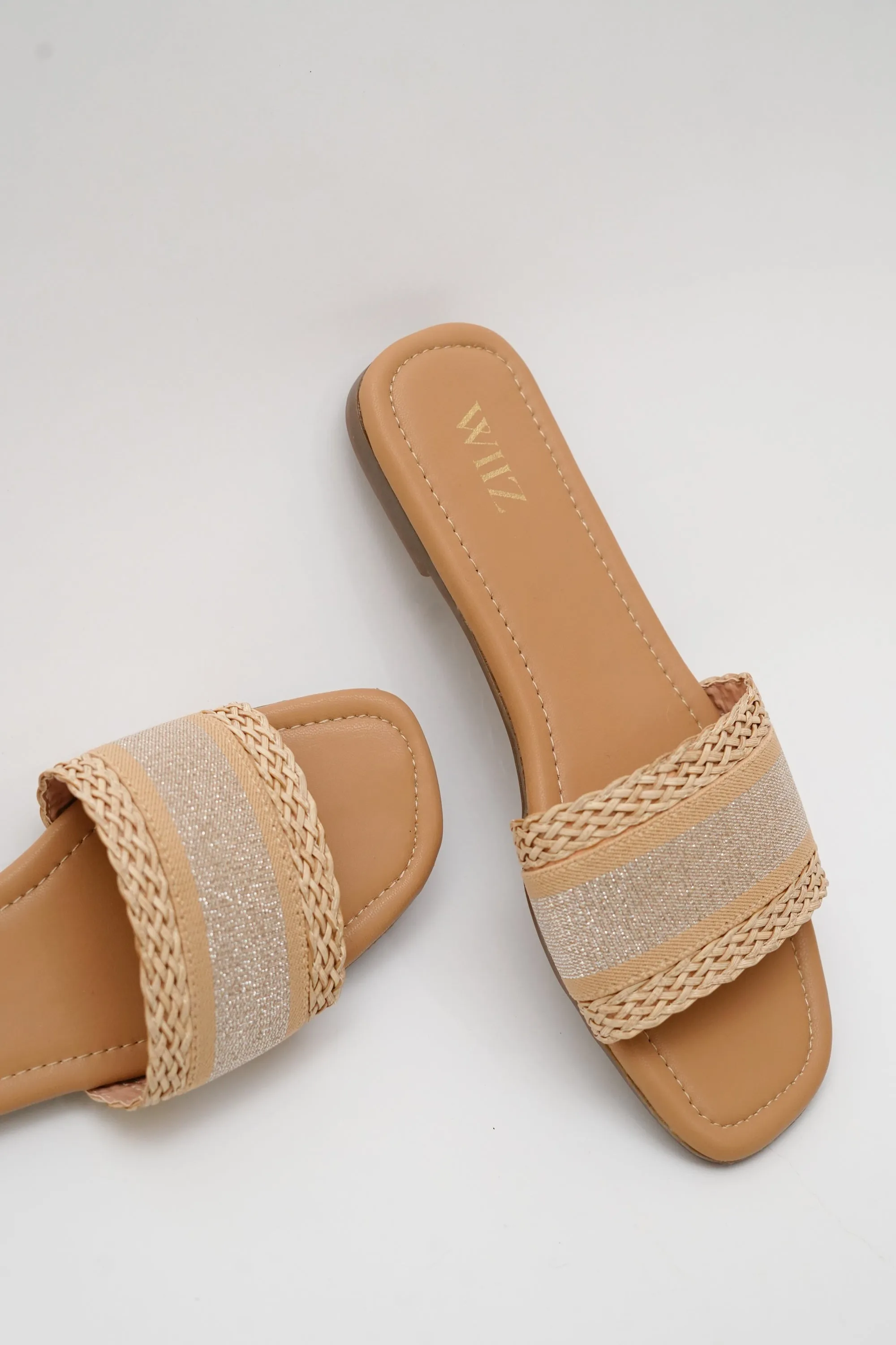 WIIZ WOMEN'S NATURAL WOVEN STRAP GLITTER SLIDES