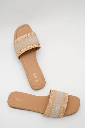 WIIZ WOMEN'S NATURAL WOVEN STRAP GLITTER SLIDES
