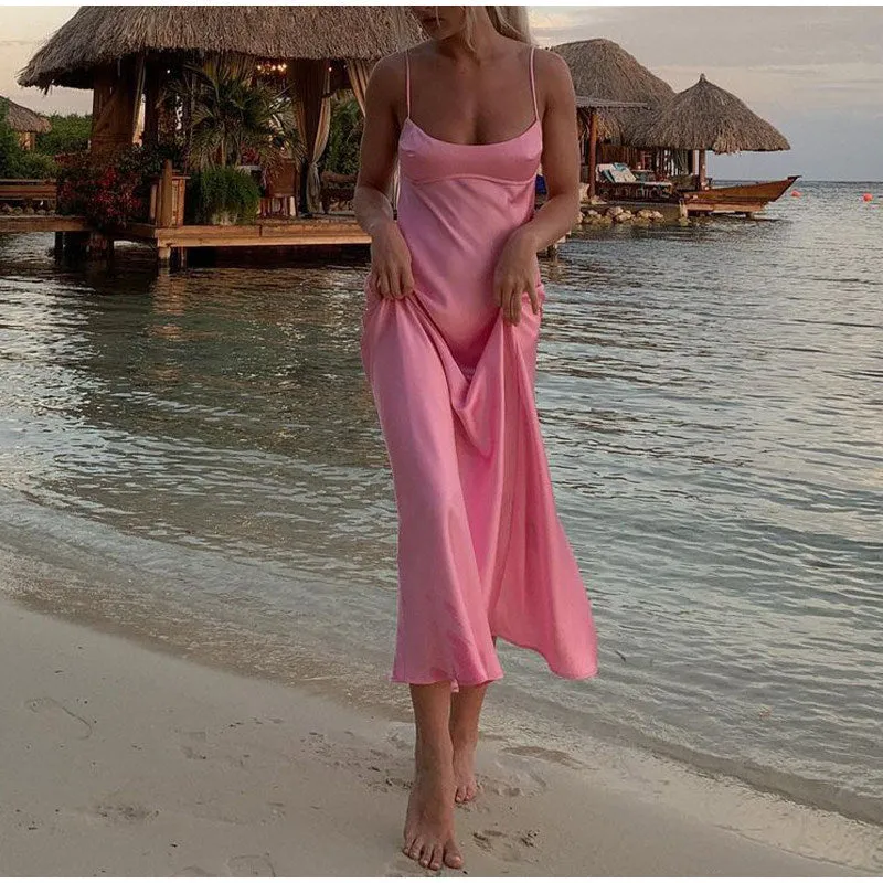 Women Camis Satin Long Dresses Elegant Sleeveless