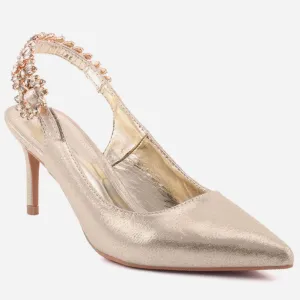 Women "BLOSSOM" Decorated Sling Back Strap Suede Stiletto Heel Sandals