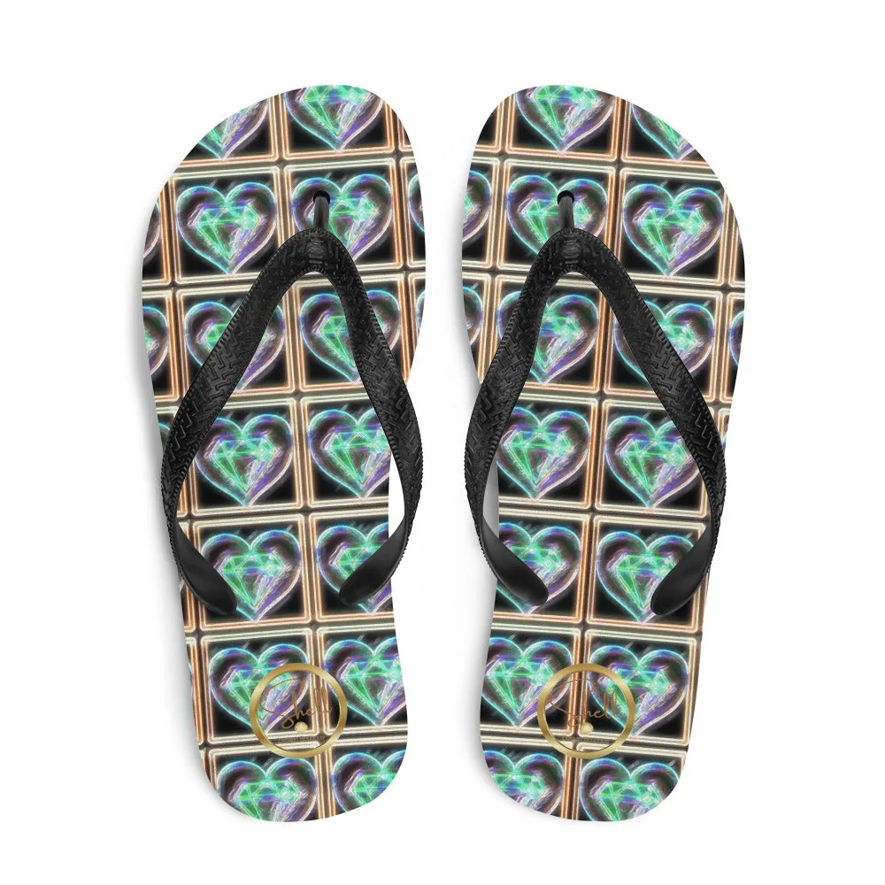 Women's Electric Heart Blue Green Flip-Flops