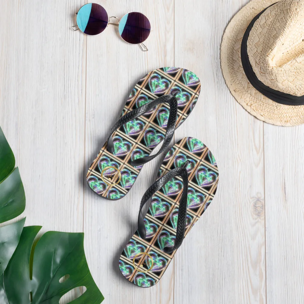 Women's Electric Heart Blue Green Flip-Flops