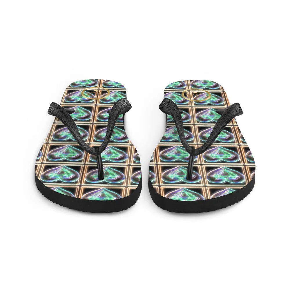 Women's Electric Heart Blue Green Flip-Flops