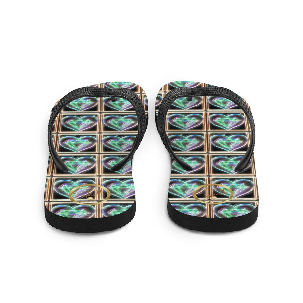 Women's Electric Heart Blue Green Flip-Flops