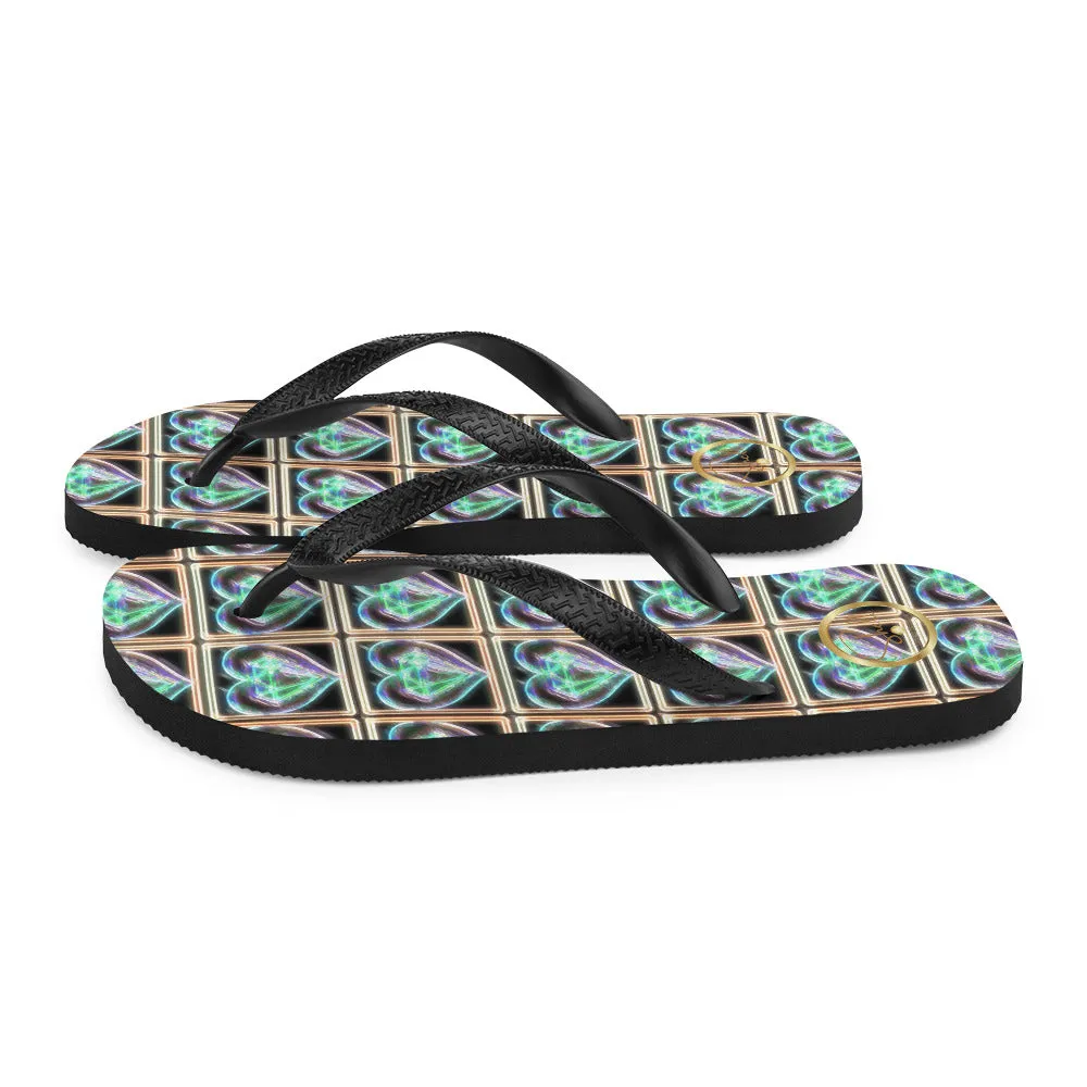 Women's Electric Heart Blue Green Flip-Flops