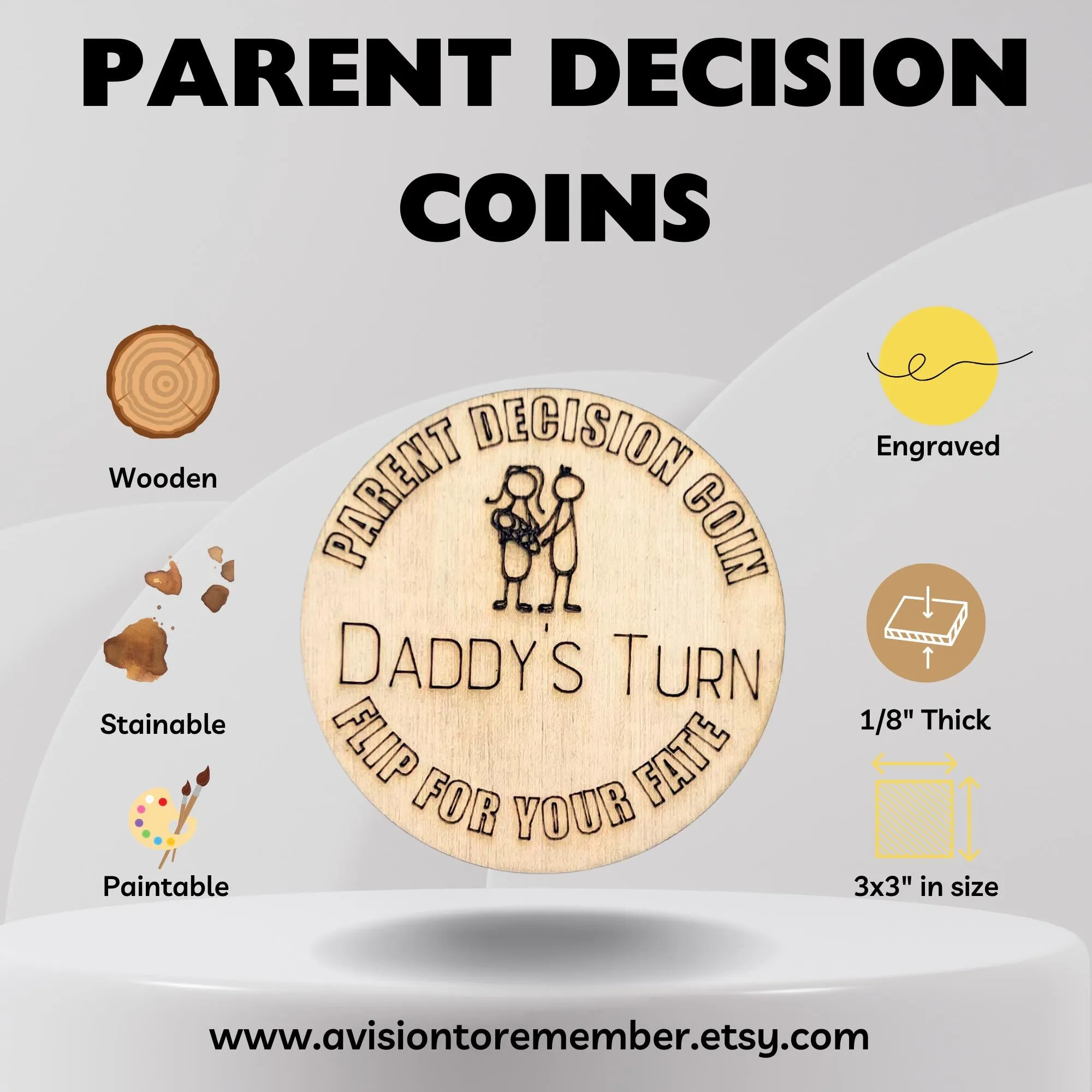 Wooden Parent Decision Coin – 3x3 Inches Engraved Baby Design | "Mom's Turn" & "Dad's Turn" New Parent Gift